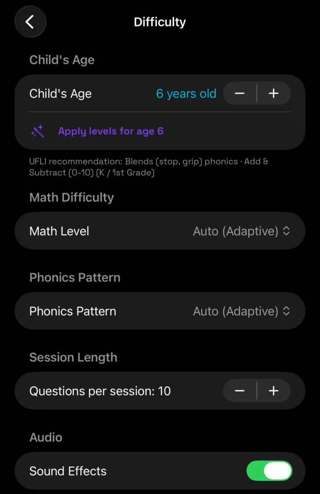 Difficulty settings: age, math level, phonics pattern, session length